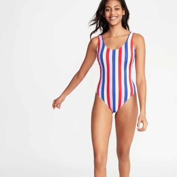 Old Navy womens XL Scoop-Neck Striped Swimsuit One Piece Multicolor White Red - Picture 1 of 13